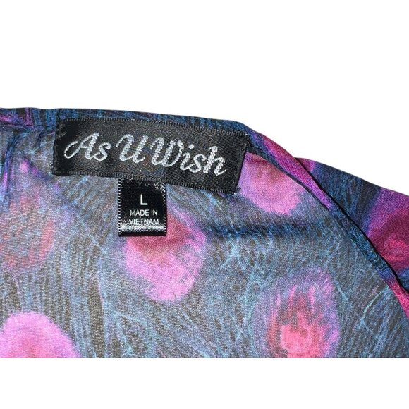 As U Wish Womens Sheer Peacock Feather Print Swim Cover Dress Sz Large V-Neck Fl - Picture 4 of 12